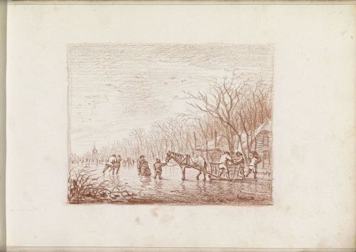 Skaters and a horse on a frozen river