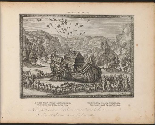 Noah goes aboard the ark with his family and the animals