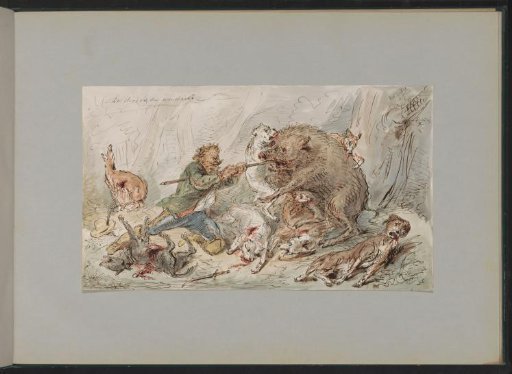 Man Killing a Wild Boar in a Forest