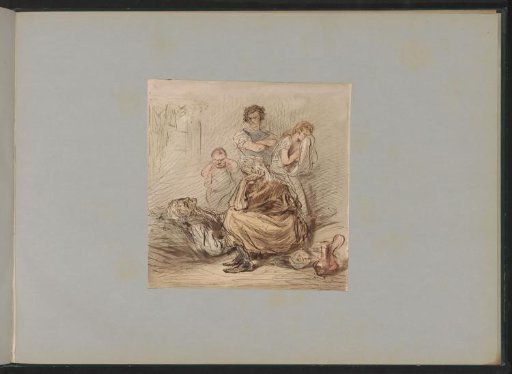 Mourning figures beside a reclining man