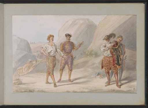 Four men with swords in a rocky landscape
