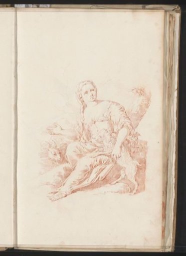 Woman with a lamb and goat in a landscape