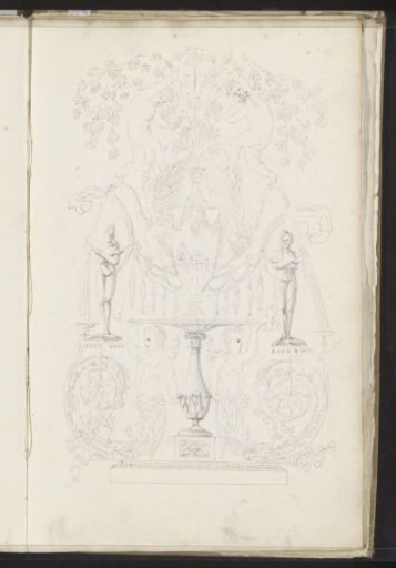 Ornament with Vases, a Mask, Leaves, and Figures