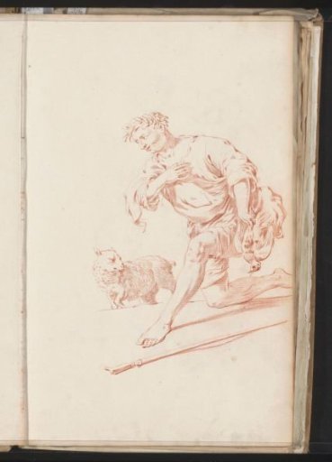 Naked man with a laurel wreath kneeling before a lamb