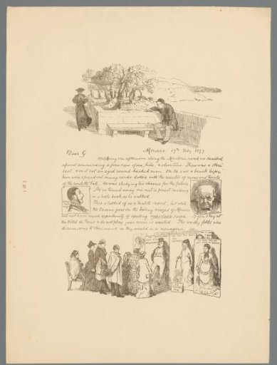 Landscape with a Man on a Bench and a Group of People Viewing Posters