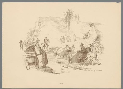 Hilly landscape with men in carriages