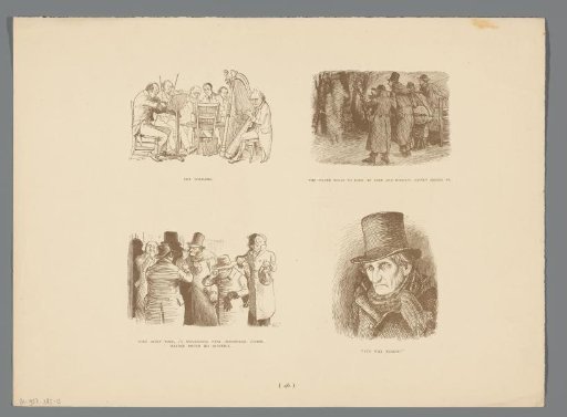 Four scenes of a group of musicians and men with hats
