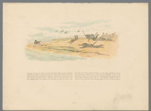 Three armed men pursuing a man on the beach