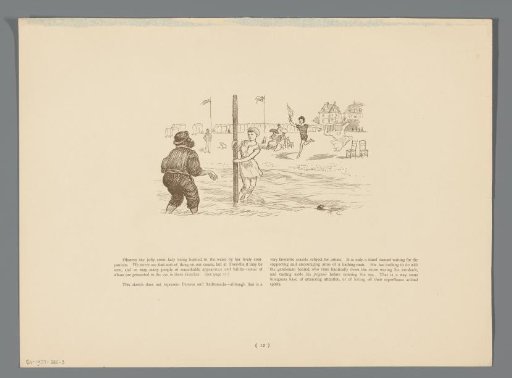 Beach view with a man and woman in the water near a pole
