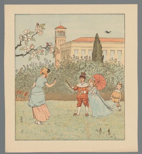 Garden with a royal couple and a woman with a bird on her hand