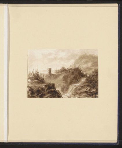 Mountain Landscape with a Waterfall and Tower