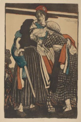 Woman with a sword embracing two children