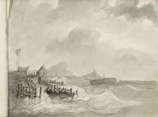 Rowboat with figures at a quay