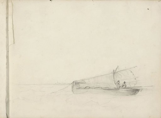 Two figures on a boat with furled sails