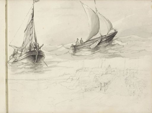Two sailing ships with figures at sea