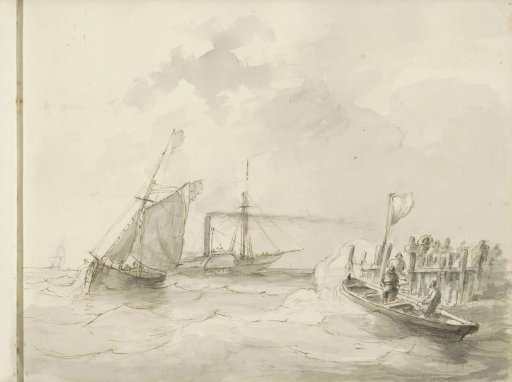 Sailing ships off a coast