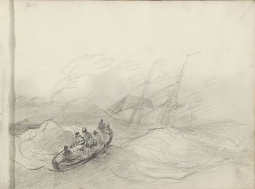 Sailing ship and skiff on a stormy sea