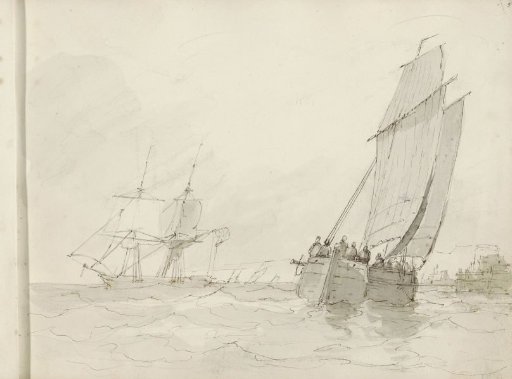 Sailing ships before a harbor