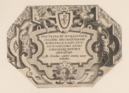 Cartouche with Christ monogram and two putti