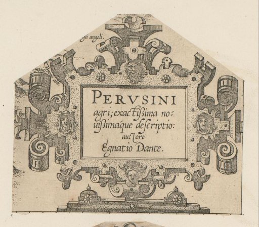 Cartouche with scrollwork and four masks