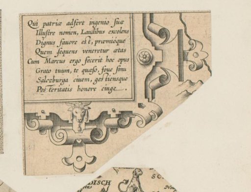 Corner cartouche with scrollwork and a goat's head