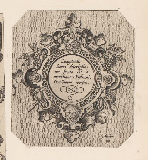 Round cartouche with two satyr heads and bunches of fruit