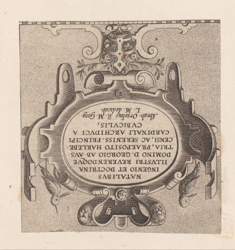 Oval cartouche with two birds and a vase of strapwork