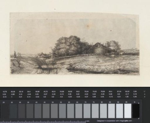Landscape with a hay barn and a flock of sheep