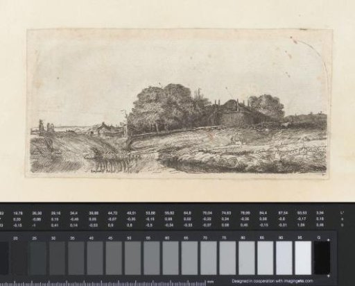 Landscape with a hay barn and a flock of sheep