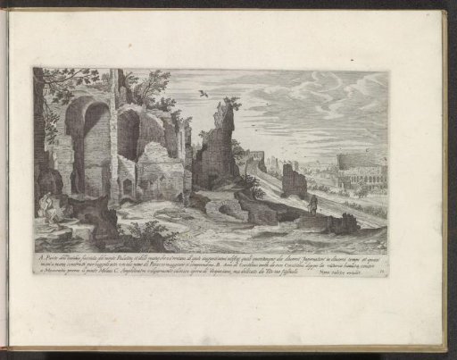 Ruins on the slopes of the Palatine, with the Colosseum on the right