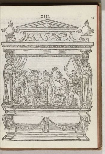 Second decorated scaffold with stage: the prince drives away War and Discord, 1577
