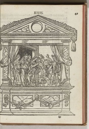 Third decorated scaffold with stage: the prince frees the virtues from captivity, 1577