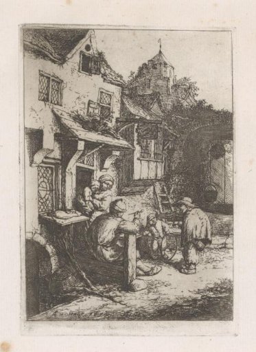 Hunchbacked violinist in front of an inn