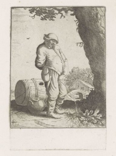 Man urinating by a tree