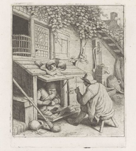 Shoemaker in a workshop in front of his house