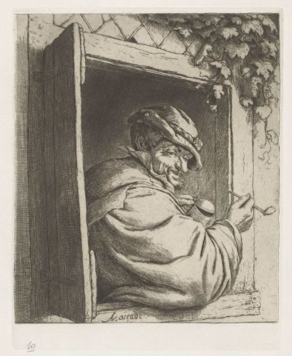 Smoking farmer in a window opening