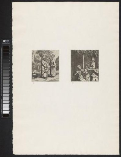 Man looks into an empty jug, two men watch