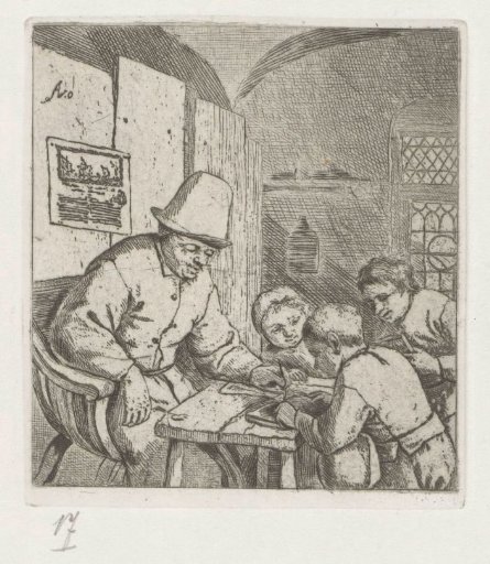 Schoolmaster with three pupils at a table