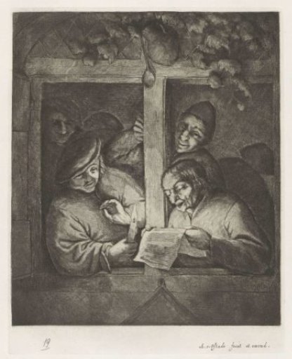 Three men singing from a sheet of paper by candlelight in an open window