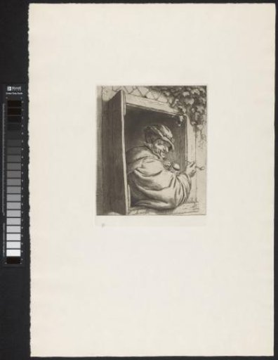 Spinster sitting on the doorstep of a house in conversation with a man