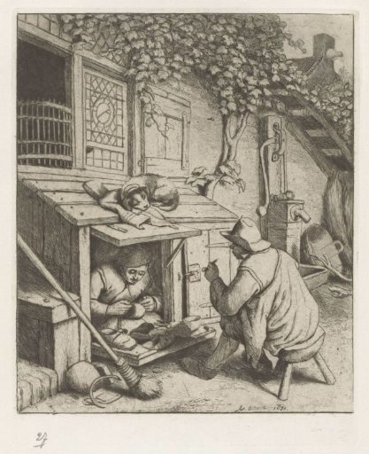 Shoemaker in his shop in front of his house and a customer