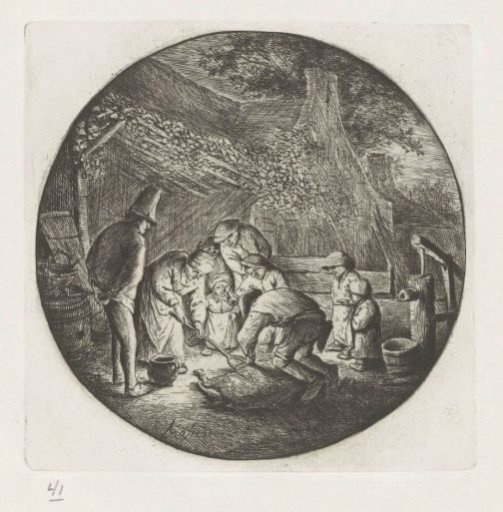 Peasant family during the slaughter of a pig