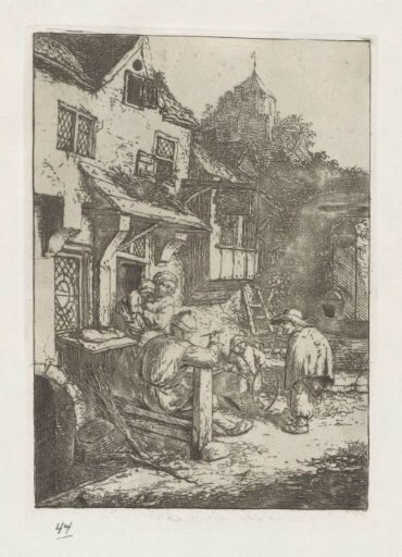 Hunchback violin player in front of an inn