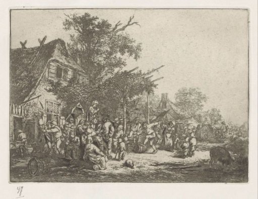 Dancing farmers in front of an inn