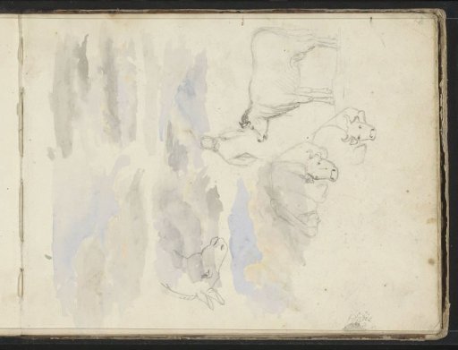 Clouds, cows, a horse's head and a figure