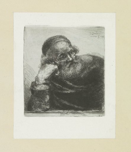 Old man leaning on his right arm