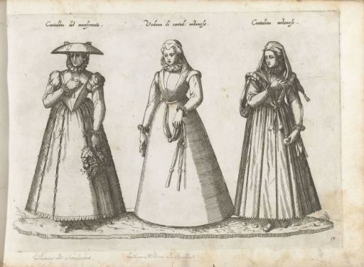 Twee vrouwen uit Milaan en een uit Monserrato, gekleed volgens de mode ca. 1580