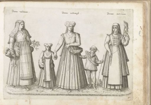 Three women and children dressed in rural Italian clothing, ca. 1580