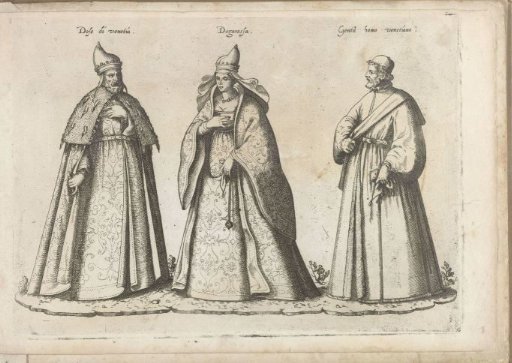 A Doge and a man and woman, dressed according to the Venetian fashion of ca. 1580