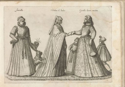 Three women, a boy and a girl dressed according to the English fashion of ca. 1580